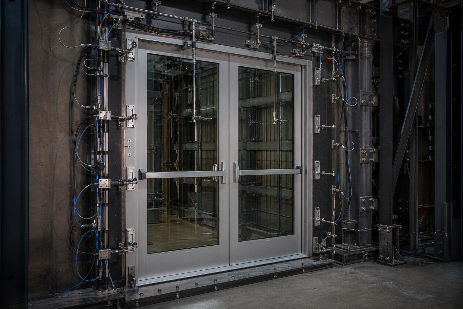 Commercial double-door system installed in a test chamber