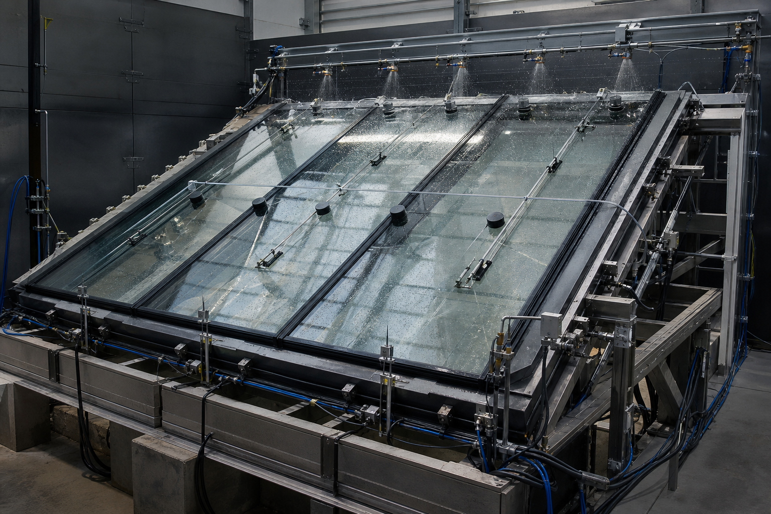 Sloped glass skylight mock-up undergoing laboratory testing